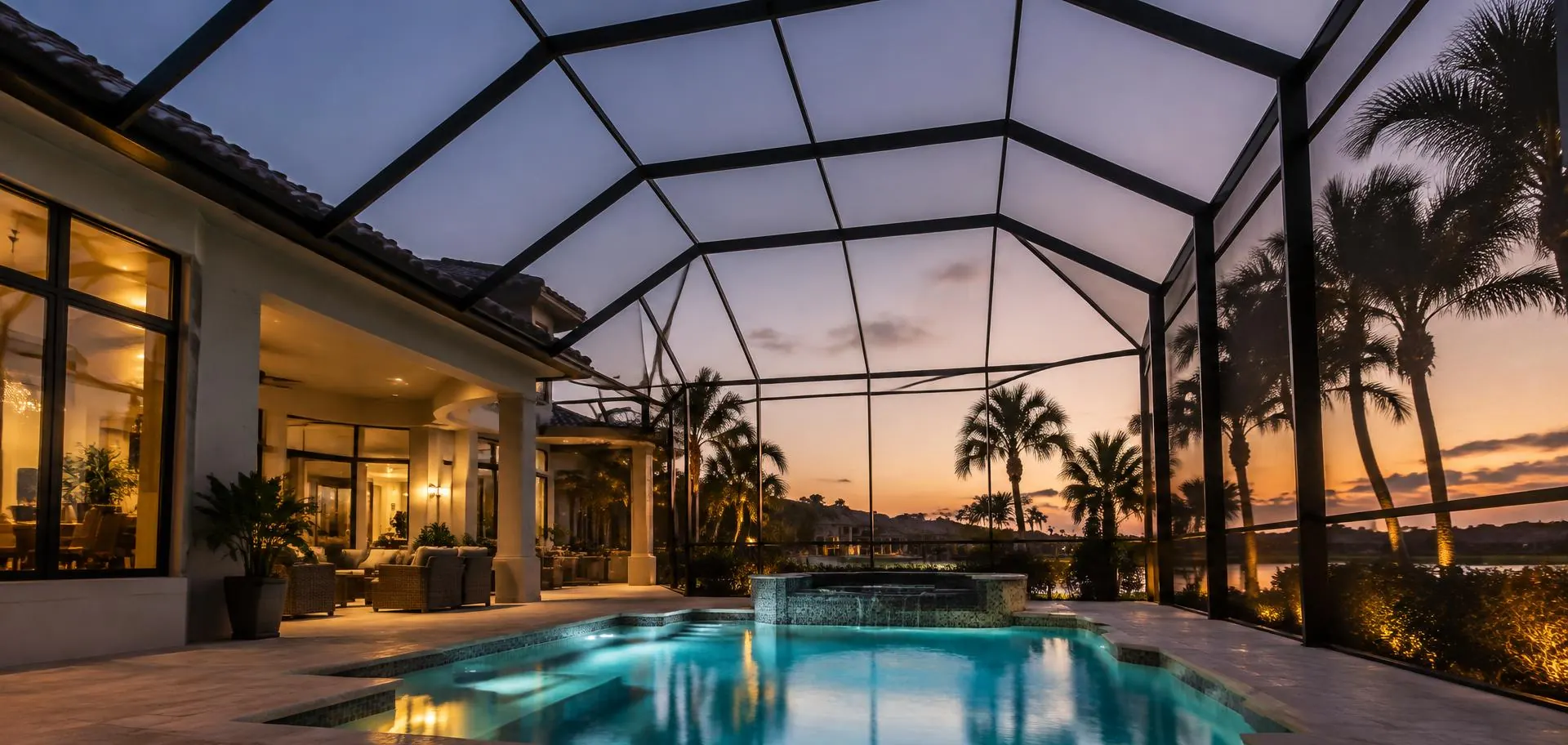 Looking up through a pool screen enclosure frame at a twilight sky, with the pool lit below
